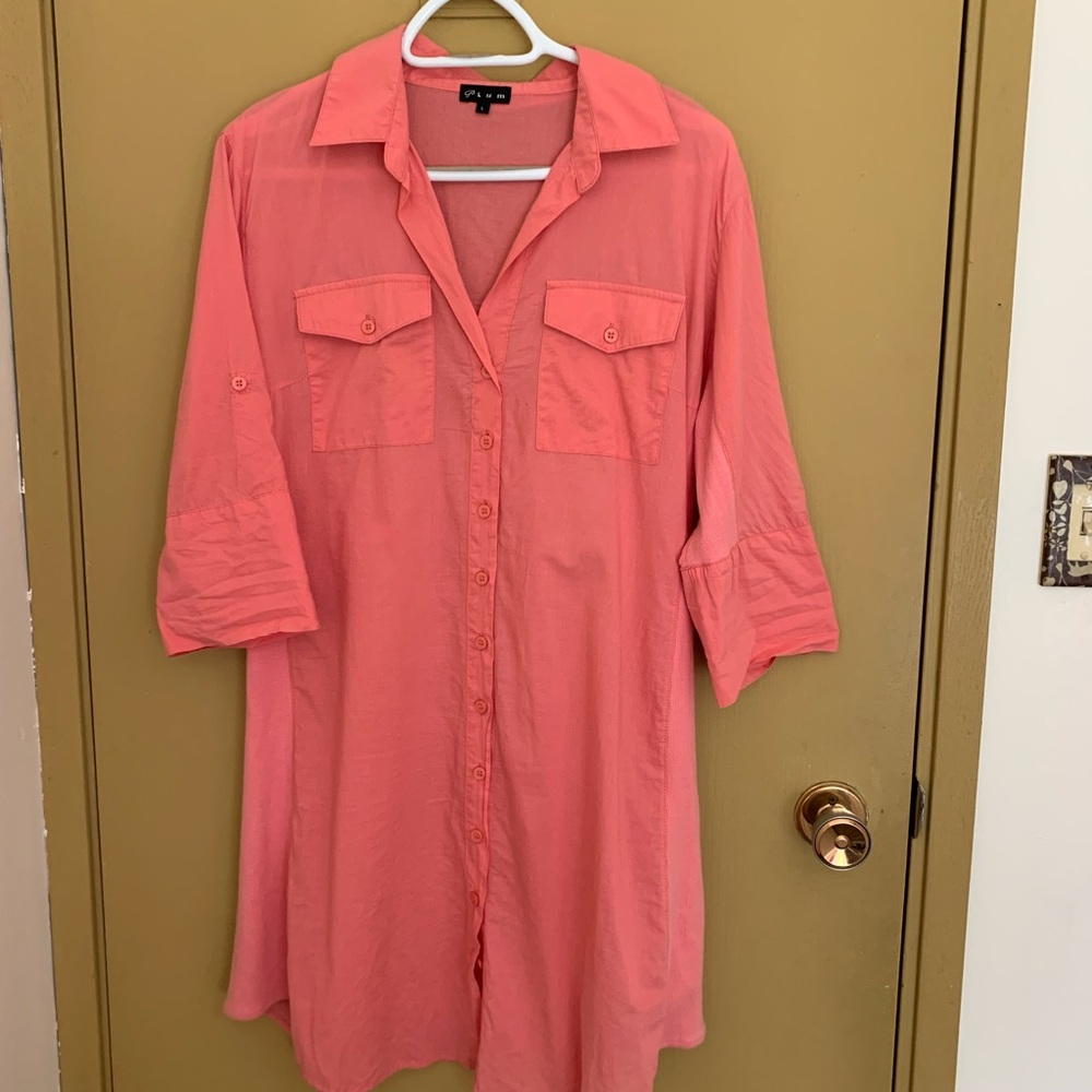 100% cotton long tunic with stretch at sides, Coral, size L, Plum clothing